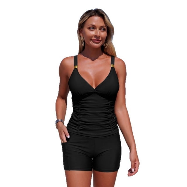 High Waist Bathing Suits for Women Solid Color 2 Pc Swimming Trunks with Pocket Tangini Split Swimsuit Set
