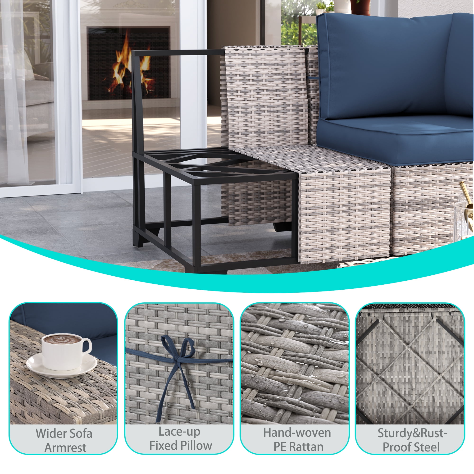 Sweecci 12 Piece Outdoor Patio Furniture Set, Ergonomic Wicker Patio Sectional Sofa with Stable Feet, 4" Cushions Conversation Set with Wood Table for Backyard Garden Deck,Navy Blue