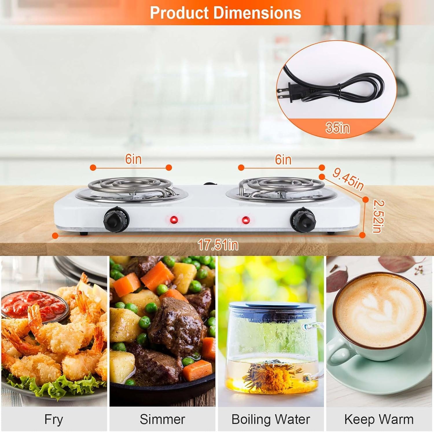 JahyShow 2000W Double Burner, Electric Hot Plate for Cooking Portable Cooking Stove, Countertop Burner Cooktop for Kitchen, Dorm, Temperature Control, Easy to Clean, White