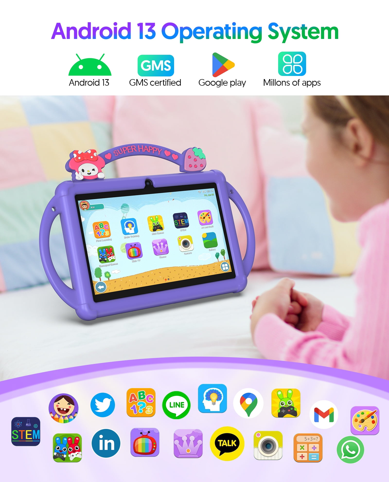 Kids Tablet 7 inch Android 13 Tablet for Kids 32GB ROM 4GB RAM 1TB Expanded, Quad-Core Toddler Tablet with Shockproof Case, Bluetooth, Wifi, Parental Control, Dual Camera, GPS, Games