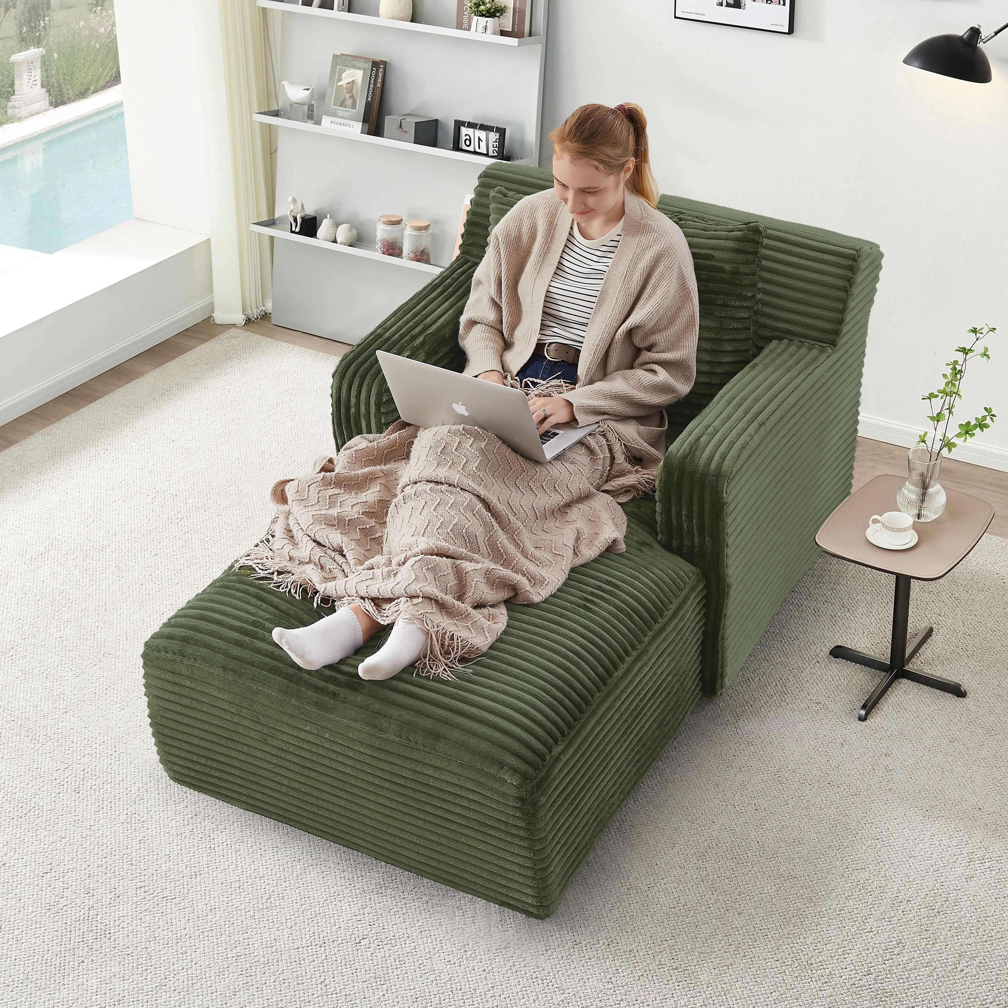 MAYEERTY Single Corduroy Chaise Lounge Sofa, Modern Couch with Spring Cushion for Apartment, 65*39*33"Green