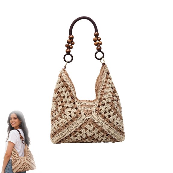Women Handmade Crochet Straw Woven Tote Bag, Bohemia Beach Shoulder Handbag with Beaded Strap, Multipurpose Knitted Purse for Vacation Travel Shopping Daily Work