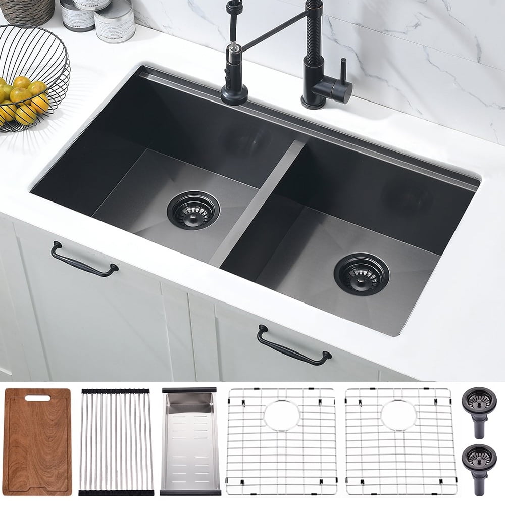 Bokaiya 33 inch 50/50 Double Bowl Undermount Kitchen Sink Workstation