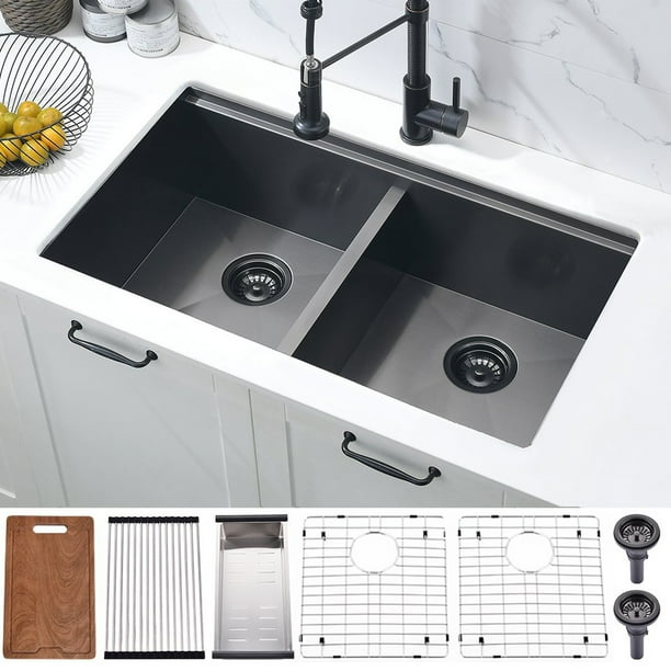 Bokaiya 33 inch 50/50 Double Bowl Undermount Kitchen Sink Workstation ...