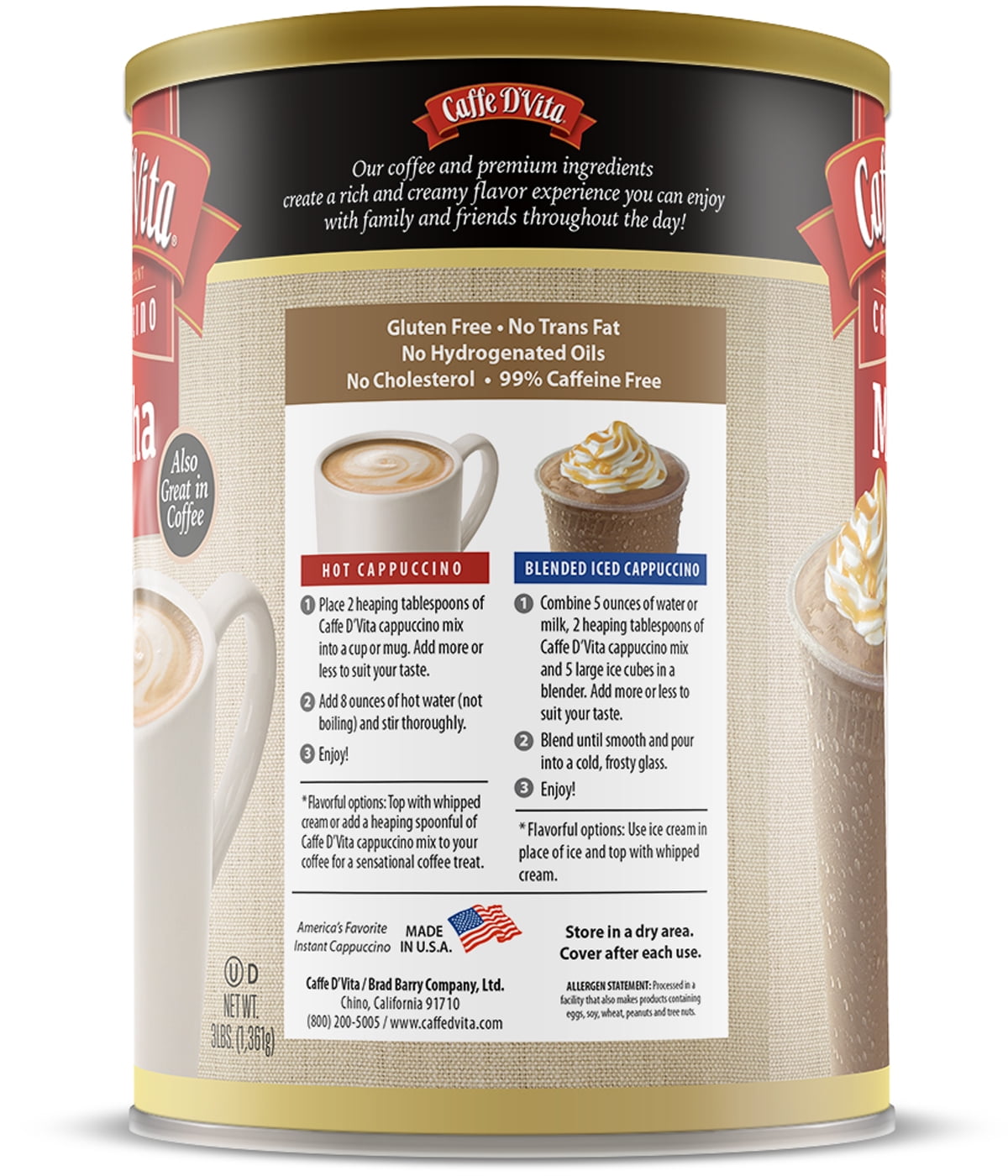 (4 Pack) Caffe D'Vita Mocha Cappuccino, 48 oz Canister