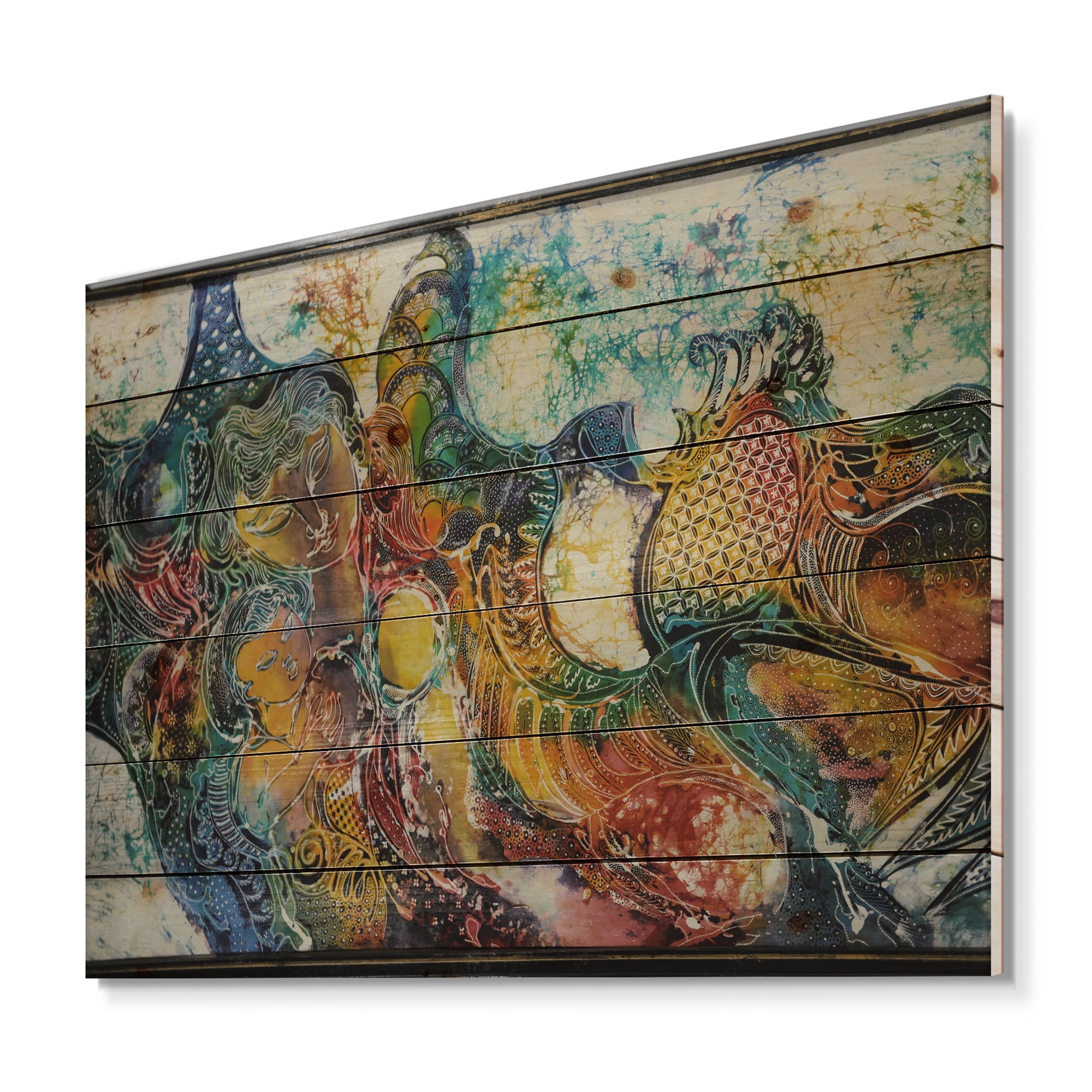 Designart 'Child With Mother With Batik' Modern Print on Natural Pine Wood