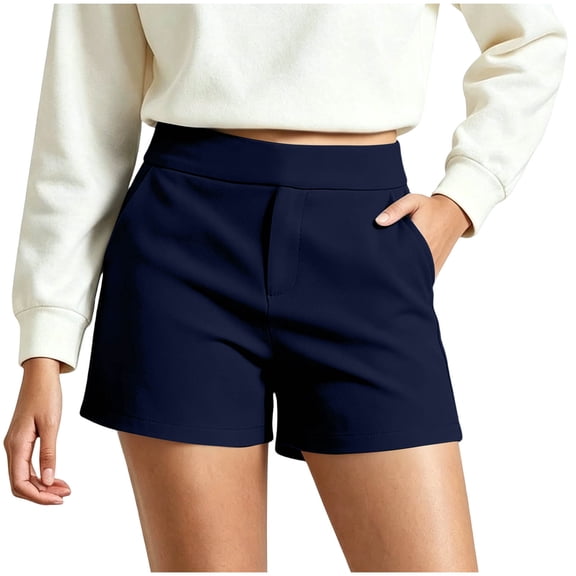 Qgtaibl Women High Waisted Dress Shorts Casual Slim Fit Work Shorts with Pockets Stretchy Solid Color Dressy Shorts for Daily Wear Navy M