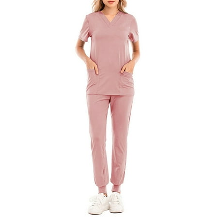 

Voguele Women Medical Set Solid Color Scrub Tops+pants Pockets Scrubs Hospital Suit Regular Top Pink S