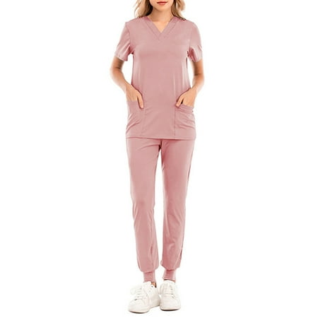 

Glonme Women Scrubs Set Pockets Scrub Tops+pants Solid Color Medical Hospital Modern Suit Regular V Neck Top Pink 2XL
