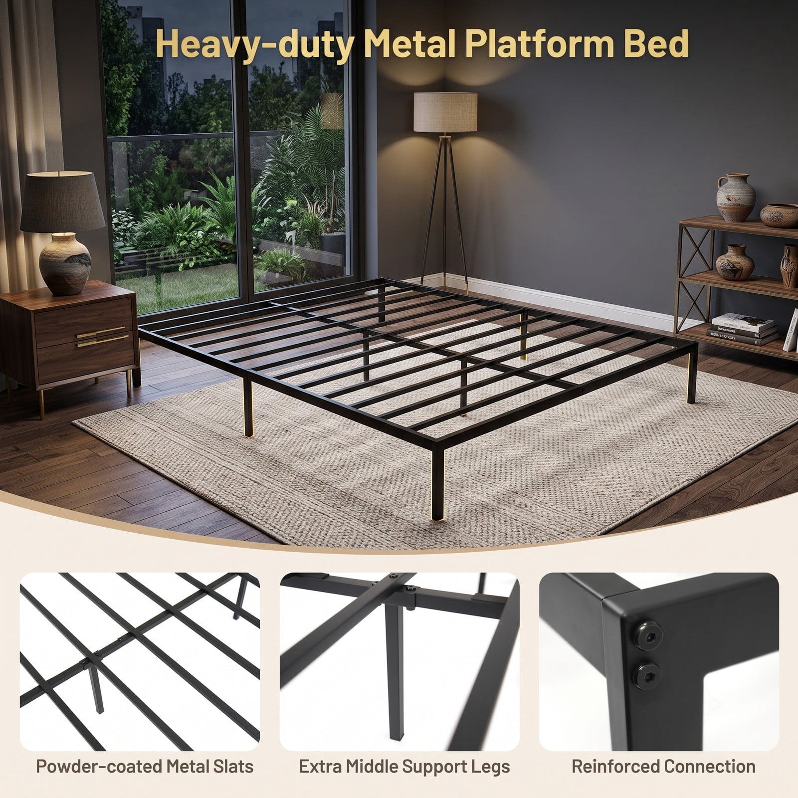 Furnibear Queen Metal Bed Frame Platform Bed with Heavy Duty Steel Slats and Reinforced Center Legs for Guest Room, Black