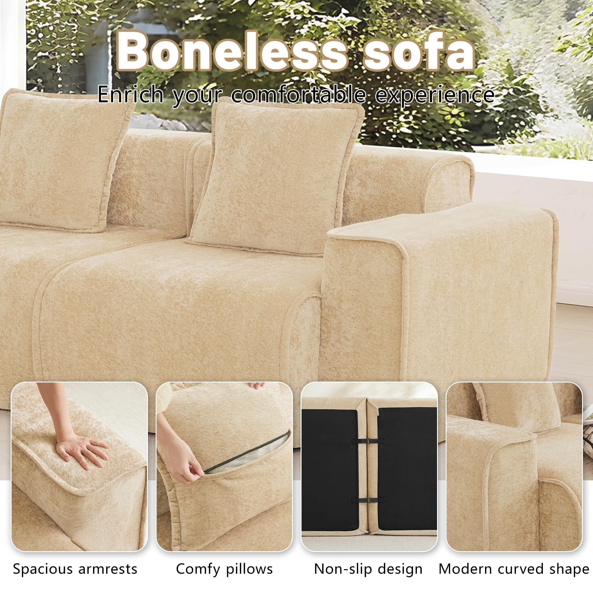Aukfa 79" Boneless Couch Deep Seat Loveseat Cloud Sofa for Living Room Bedroom, 2 Pillows, Velvet, Camel