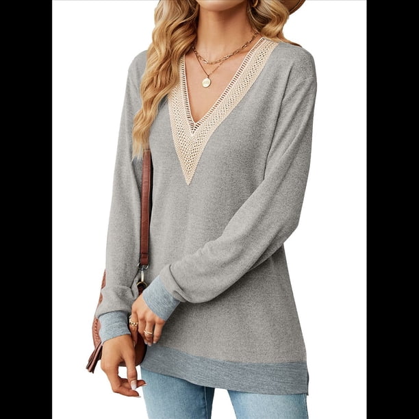Blusas de Otoño para Mujer, con Escote en V, Encaje, Larga, Holgadas, con Ribete de Bloques de Color, Moda 2025 Gris XL