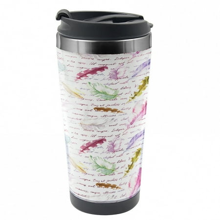 

Feather Travel Mug Colorful Romantic Text Steel Thermal Cup 16 oz by Ambesonne