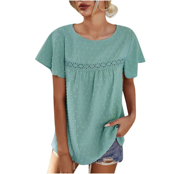 QLEICOM Womens Summer Tops Oversized T-shirts Round Neck Short Ruffle Sleeve Solid Color Casual Loose Tunic Tank Tops Women Shirts Blouses Green M