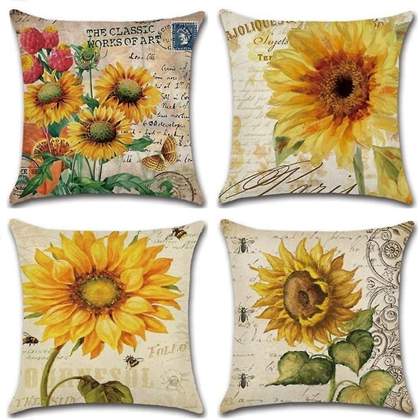 Juego de 4 Fundas de Almohada de Girasoles YONGSHENG Lino Y Algodón 45x45cm