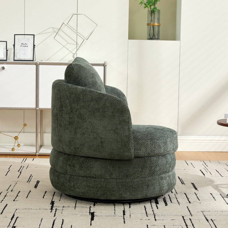 360° Modern Swivel Barrel Accent Chair, Chenille Upholstered Lounge Armchair with Pillow, Comfy Round Sofa Reading Chair for Living Room, Bedroom, Green