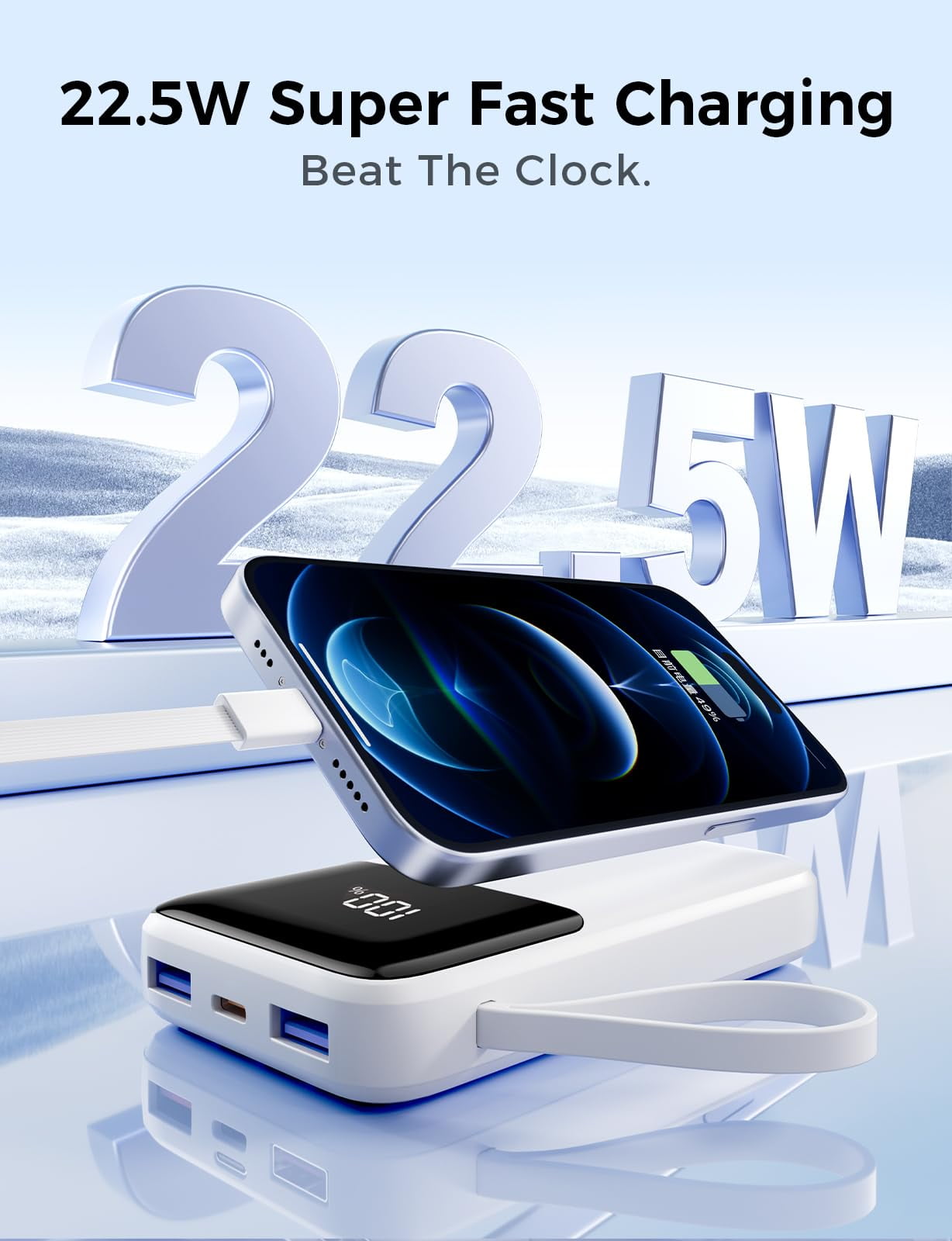 Power Bank, 15000mAh Portable Charger with Built in Cable, 22.5W Fast Charging, 6 Outputs, Slim Travel Essential Battery Pack with LED Display, Compatible with iPhone 17/16/15/14/13, Samsung, iPad