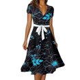 thumbnail image 1 of MAWCLOS Robe Midi Longue pour Femme à Imprimé Floral, Robes de Fête pour les Vacances, Col en V, Robe d'Été de Plage Décontractée à Manches Courtes, Bleu Marine, P, 1 of 2