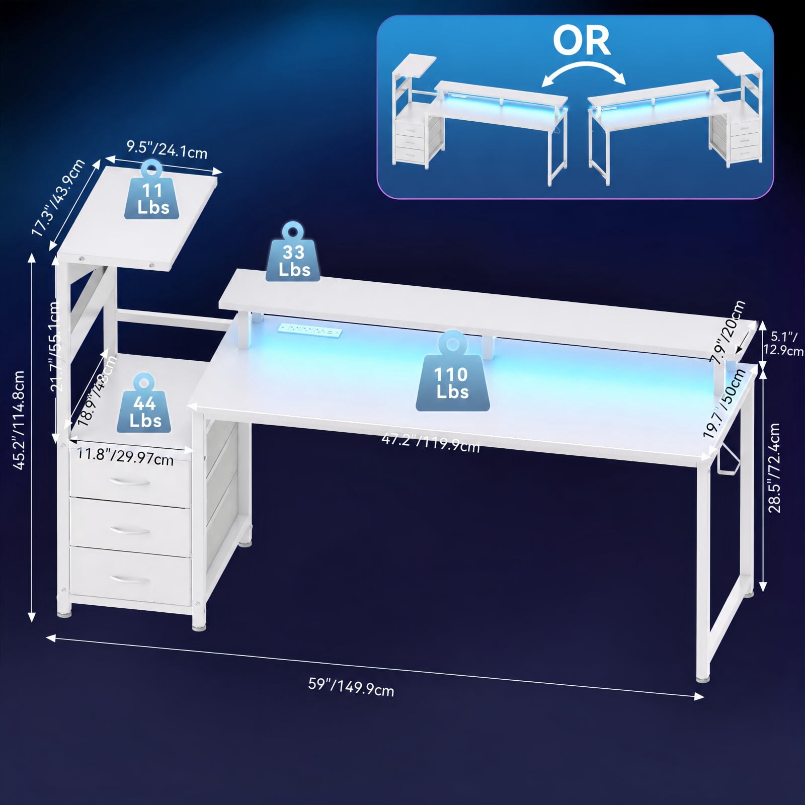 Kelno 59 Inch Computer Gaming Desk with USB Ports LED Lights Home Office Table with Monitor Stand Drawers, White