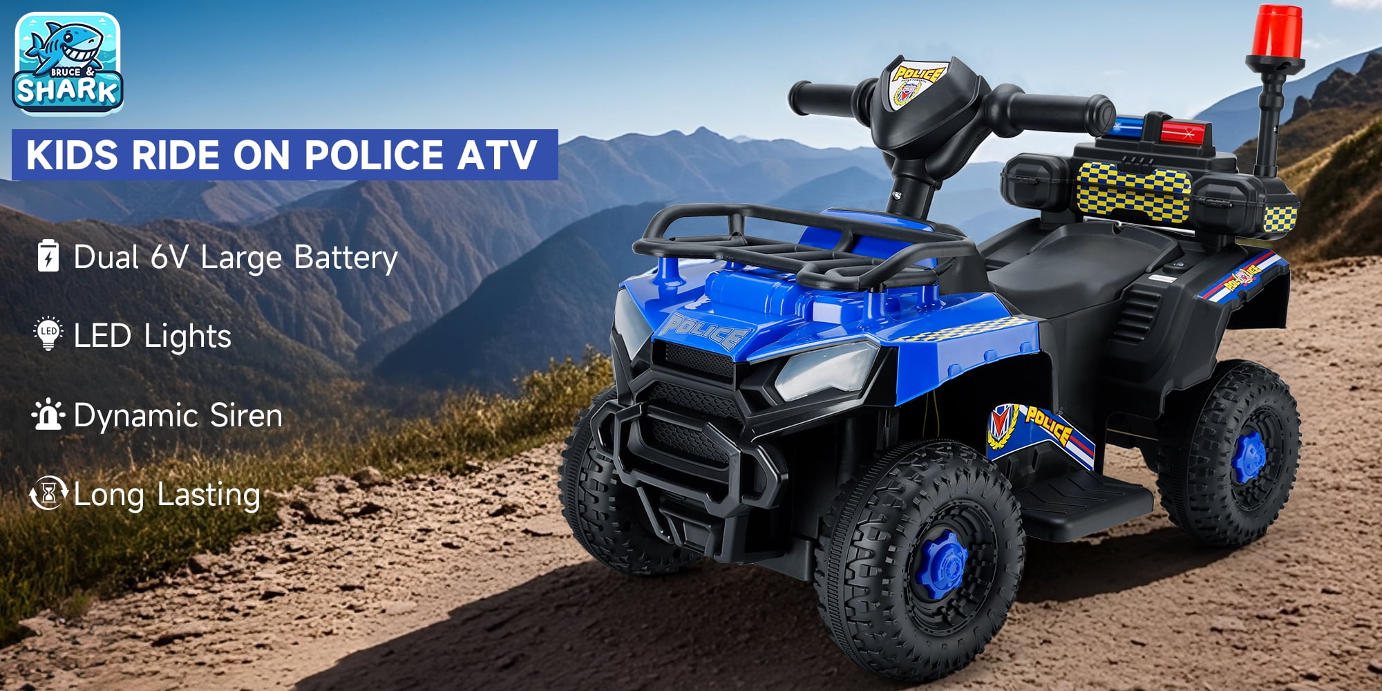 Bruce&Shark Police Car Ride on, Electric ATV Four Wheeler for Kids, Powered Ride on ATV Toys, Cop Cars with Siren, Flashing Lights, Blue
