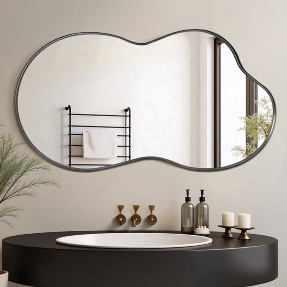 Antok 36"x20" Irregular Wall Mirror, Asymmetrical Metal Frame Bathroom Vanity Mirror, Black