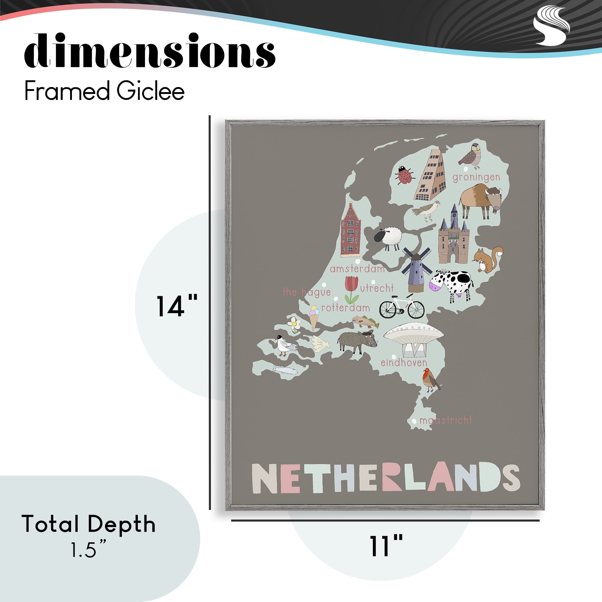 Kid's Map of Netherlands Gray Framed Giclee Art, design by Carla Daly