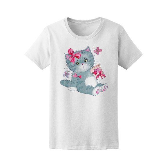 Cute Gray Kitten With Present Tee Women's -Image by Shutterstock