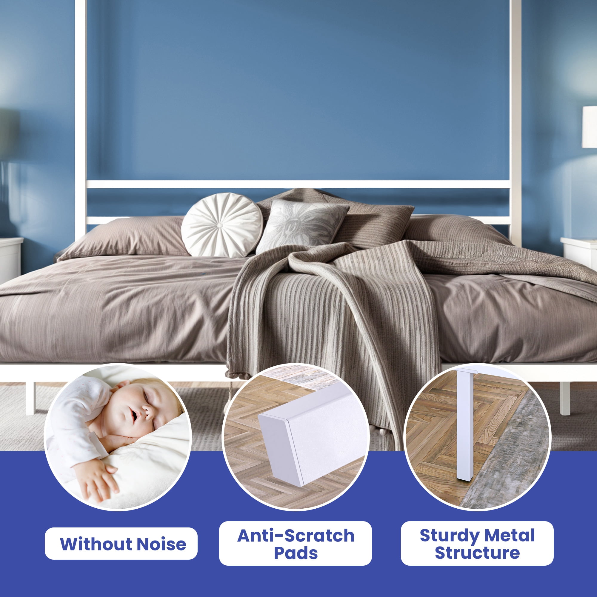 ModFusion – King Size 14 Inch Canopy Bed Frame , Build in Headboard and Strong Metal Slat and No Box Spring Required , White