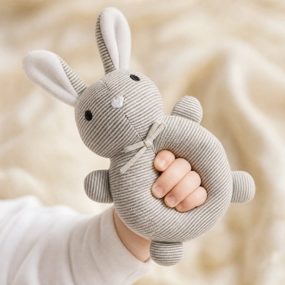 Plumora Cute Bunny Plush Teether Ring - Baby Car Toy & Stroller Toy, Hanging Crib Toy, Soft Stuffed Animal, Easy to Hold, Promotes Hand-Eye Coordination, Safe BPA-Free.