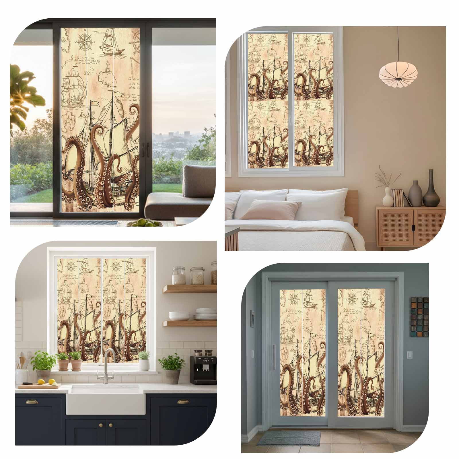 Nautical Boat Window Privacy Film, Retro Octopus Sailing Sailing Brown Frosted Glass Window Clings Static Cling UV Heat Blocking Reusable Door Sticker for Bathroom 23.6 x 59 Inch