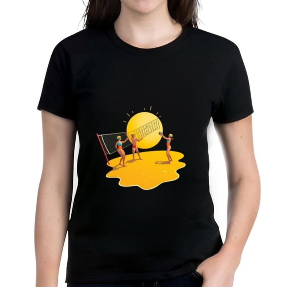 Stylish Women's Cotton Short Sleeve T-Shirt with Colorful Beach Volleyball Scene Design Fun Summer Vibes Perfect for Beach Lovers