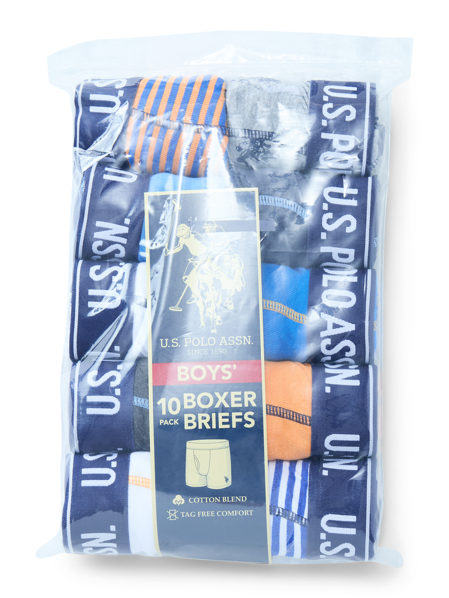 U.S. Polo Assn. Boys Tagless Boxer Briefs, 10-Pack, Sizes S-XXL