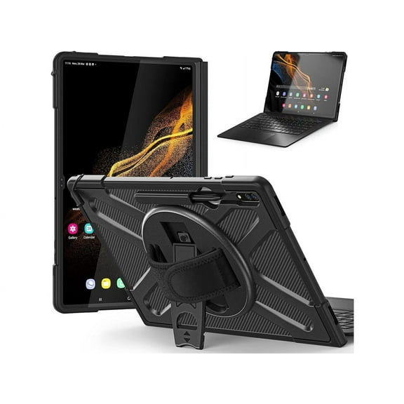 Samsung Galaxy Tab S8 Ultra 14.6 inch Case SM-X900 SM-X906, Shockproof Cover Rugged Heavy Duty Case with Stand, Hand & Shoulder Strap Pen Holder, Black