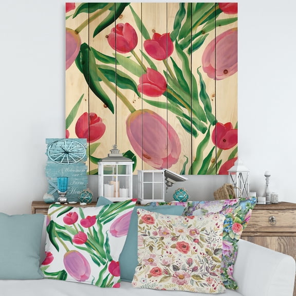 Designart 'Blooming Beautiful Pink Tulips Flowers On White' Traditional Print on Natural Pine Wood