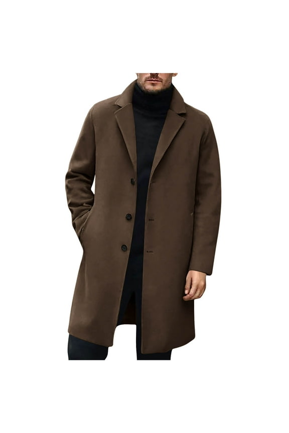 Men's Long Trench Coat Midweight Notched Lapel Single Breasted Jacket with Pockets Winter Fashion Thermal Full Button Overcoat Brown M