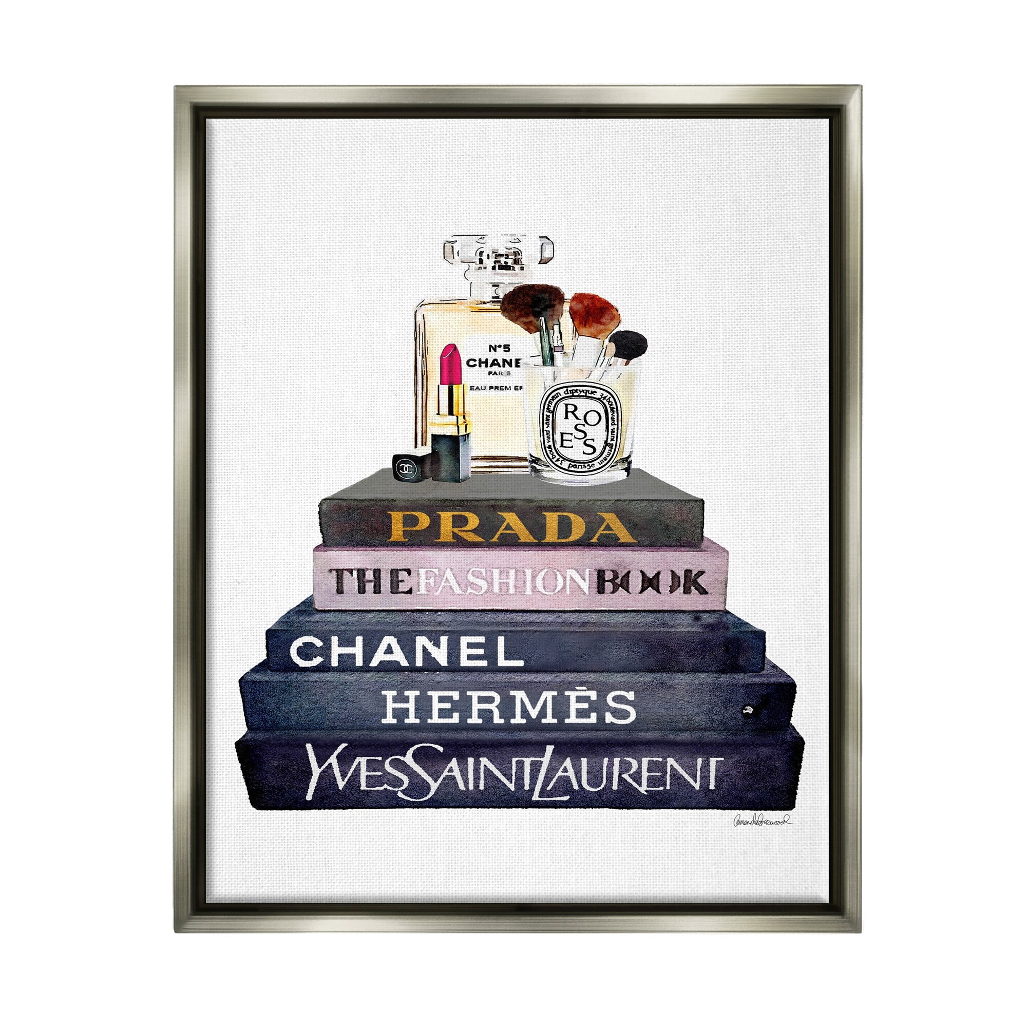 Stupell Industries Glam Fashion Book Set With Makeup Luster Gray Framed Floating Canvas Wall Art, 24x30, by Amanda Greenwood
