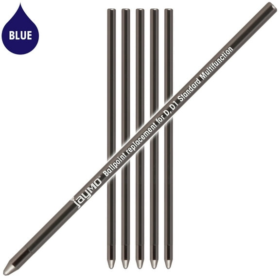 Jaymo Replacement for Cross 8518-6 and Schmidt 635 - Measures 2.625 in / 67 mm Long - D (D1) Standard Multifunction Mini Ballpoint Pen Refill - 6 Blue