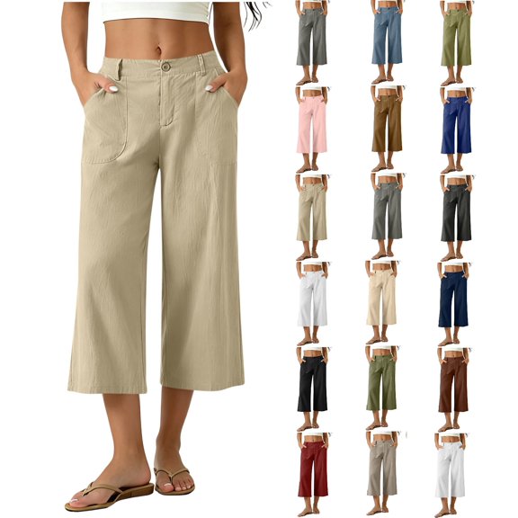 Women's Cotton Blend High Waisted Wide Leg Capri Pants,Casual Cropped Trousers with Pockets for Summer Wear,Beige,Women's Capri L