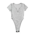 thumbnail image 2 of AXXD Gray Basic Summer Shirts for Women 2024 Short Sleeved V-neck Solid Color Elastic Slim Jumpsuit Long Sleeved V-neck Top/shirt, 2 of 3