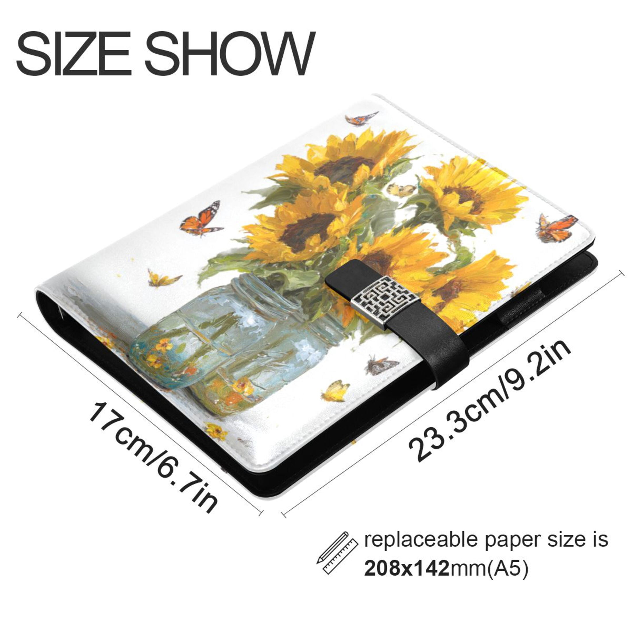 Leather Planner Leather Notebook Notebook Journal Binder Design Pen Pocket Design Convenient for Storage Sunflowers in Glass Jars