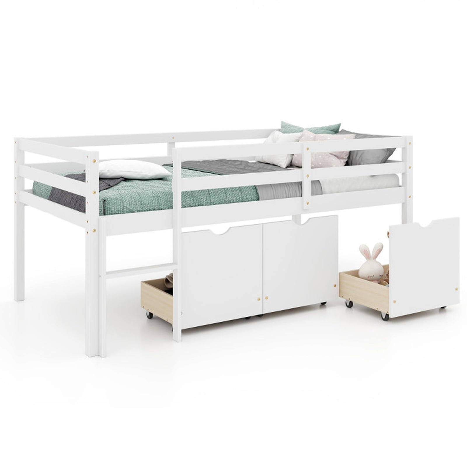Furnibear Twin Size Low Loft Bed with 3 Drawers with Ladder and Full-length Guardrails for Bedroom, White
