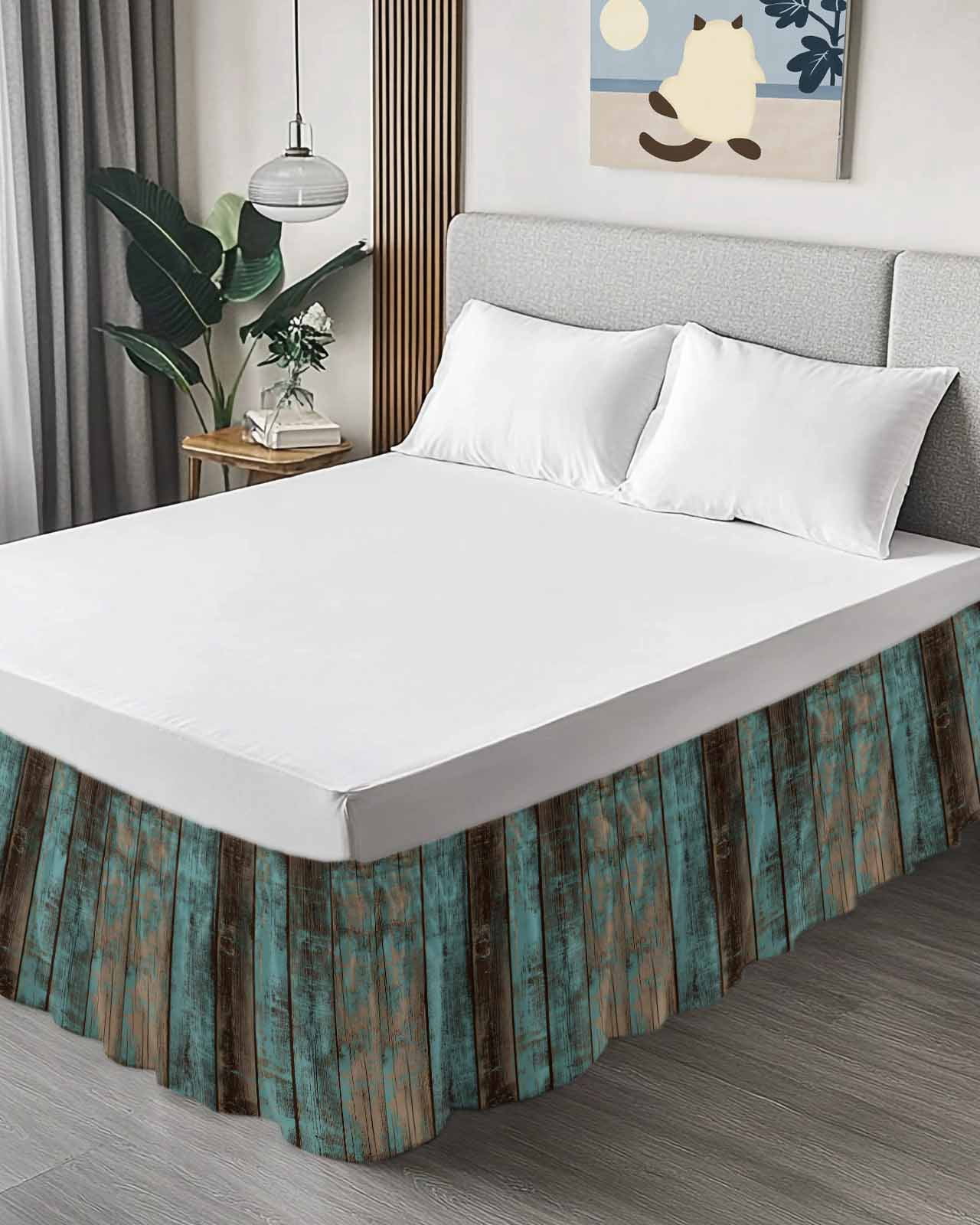 Teal Wood Grain Wrap Around Bed Skirts for Queen Bed 16" Drop,Bed Skirt with Adjustable Elastic Belt Dust Ruffle Bed Valance for Bedroom Hotel Gradient Farm Old Wooden Board Vintage Bed Frame Cover