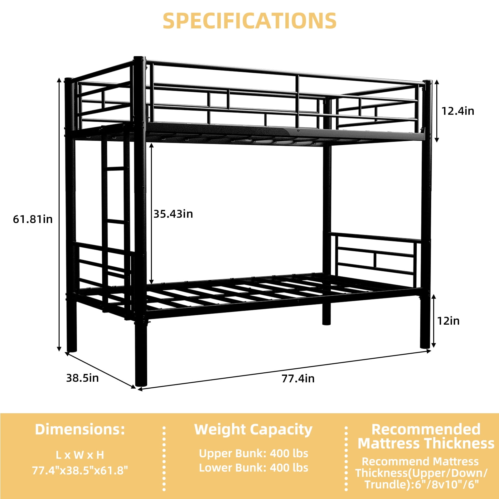 Alvantor Bunk Beds Twin over Twin Metal Convertible 2 Beds Heavy-duty Bed Frame for Kids Teens with Ladders & Guardrail Black