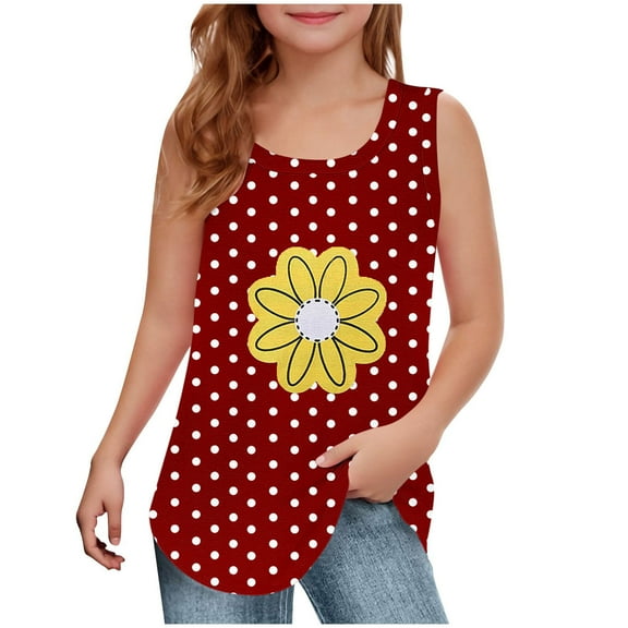 Cethrio Girls Tank Tops, Crewneck Floral Printed Summer Gifts Sleeveless Tops Red Size 10-12T