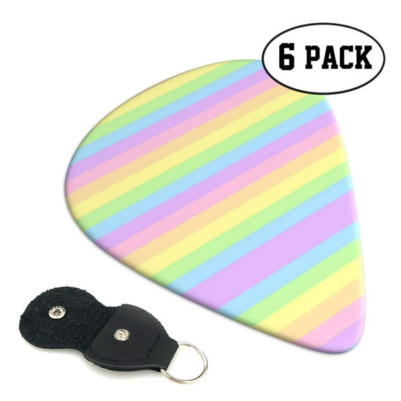 6 Pack Pastel Rainbow Striped Guitar Picks In Leather Picks Holder For Bass Electric Acoustic Guitars
