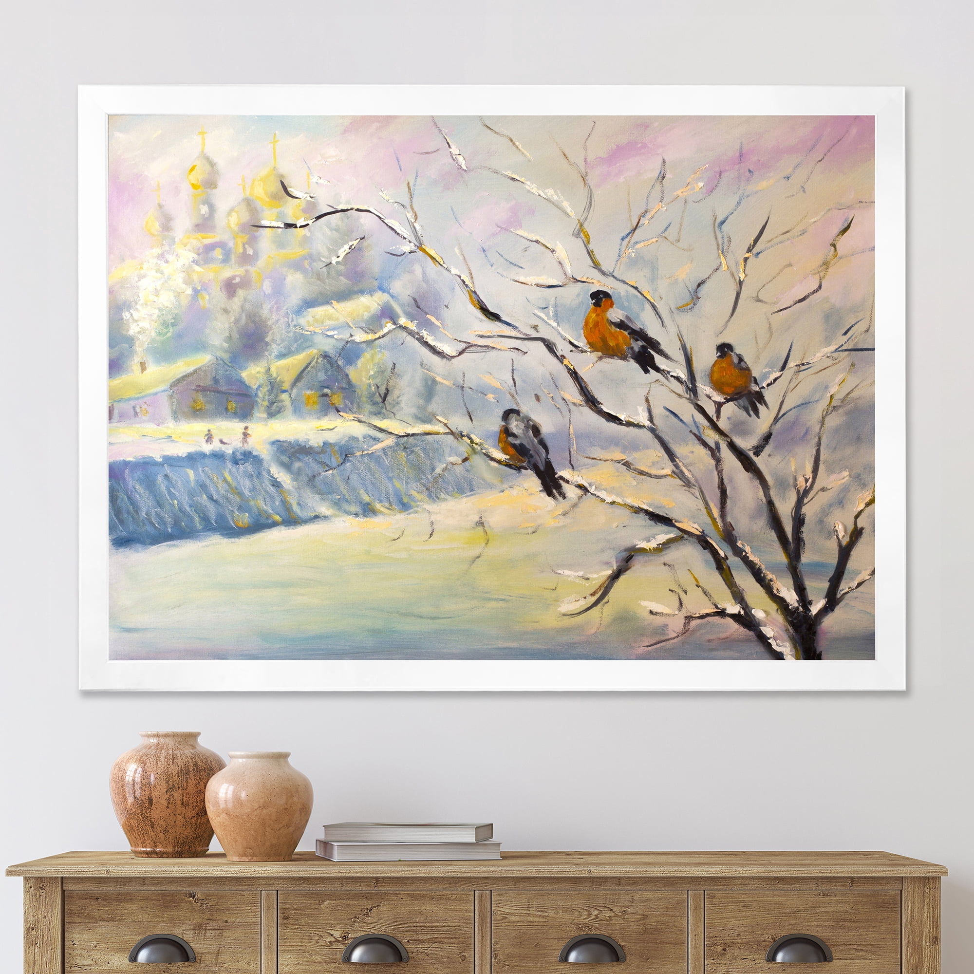 Designart 'Rustic Birds Sitting On A Tree In Winter Village' Farmhouse Framed Art Print