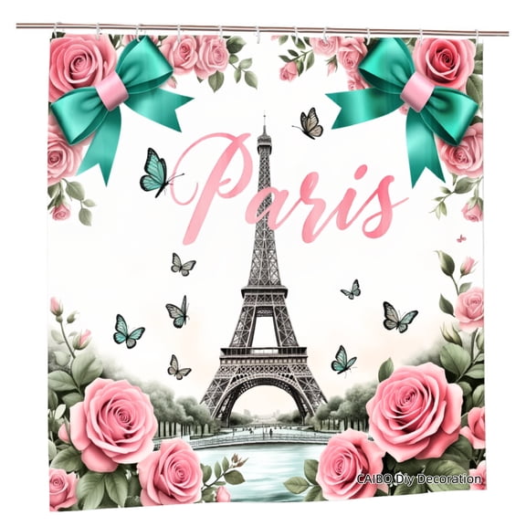 Joocen Paris Eiffel Tower Rose Butterfly Polyester Shower Curtain For Home Bathroom Bath Tub Decoration 72x72 inch