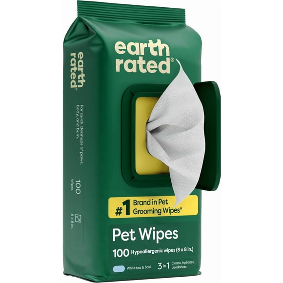 Toallitas para mascotas Earth Rated 3 en 1 hipoalergénicas, 100 unidades