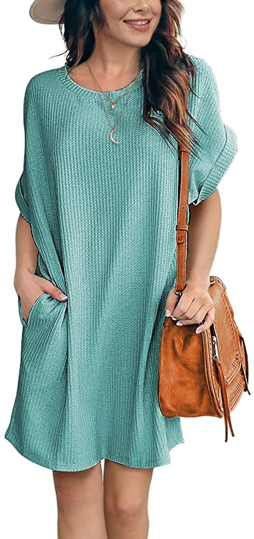 Women Waffle Knit Tunic Dress Casual 