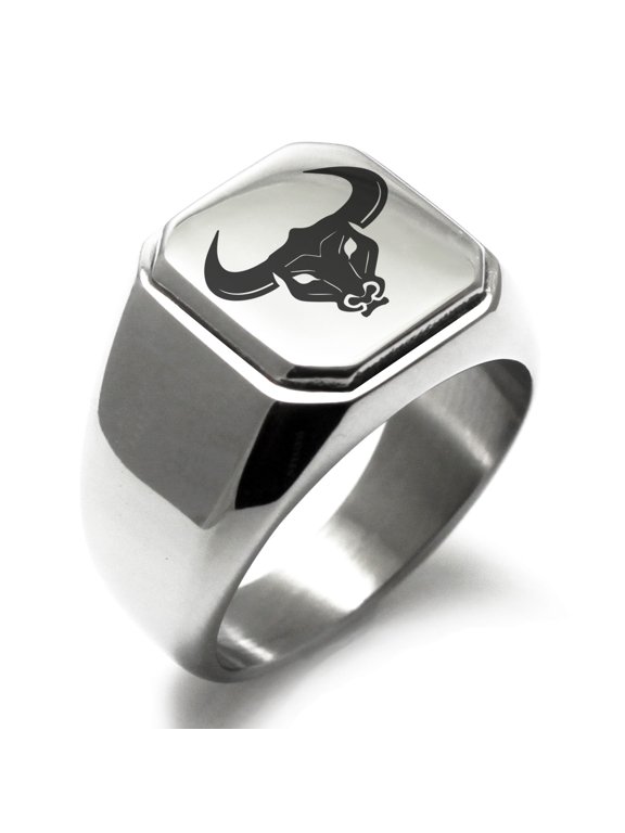 Stainless Steel Greek Mythology Minotaur Engraved Square Flat Top Biker Style Polished Signet Ring